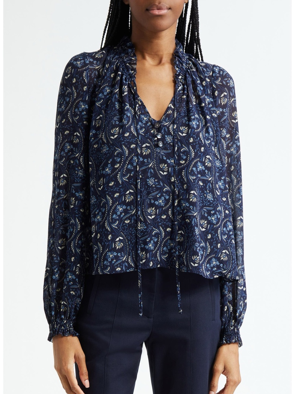 VERONICA BEARD • Hickory floral paisley blouse top size 0 navy nwt long sleeve